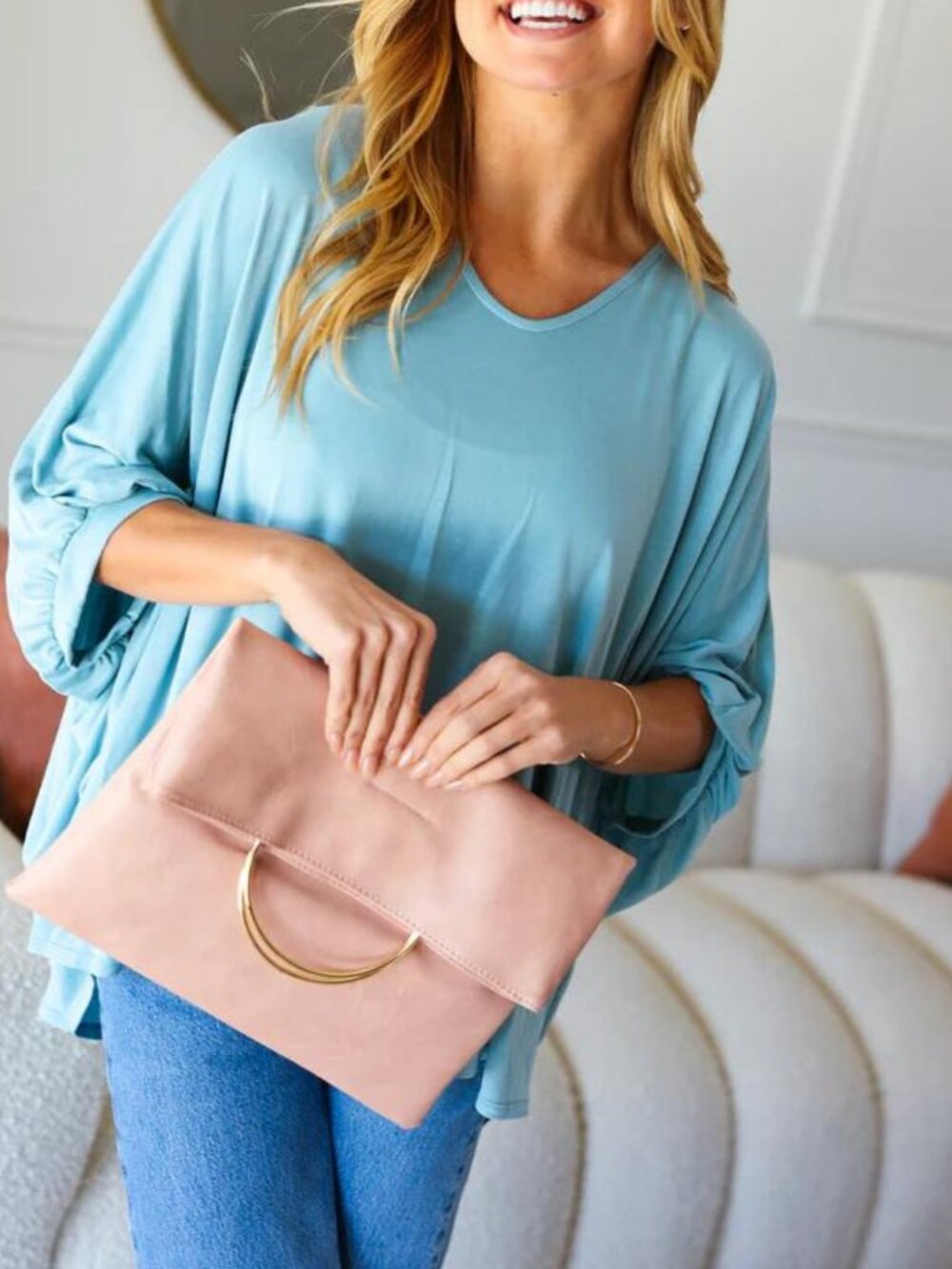 Ballerina Pink Fold Over Gold O-Ring Faux Leather Clutch